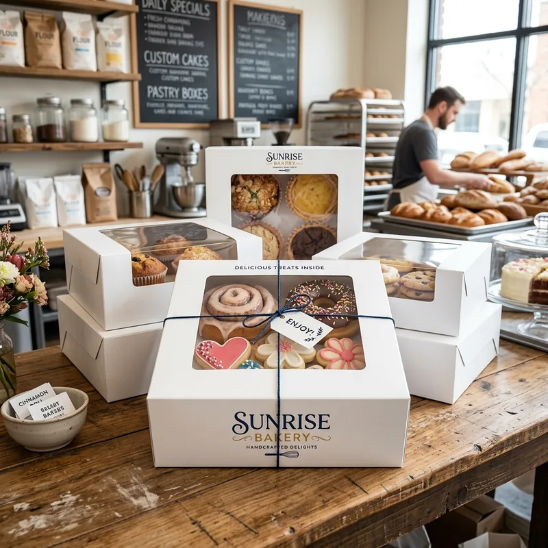 Custom white bakery boxes with window — packaging option
